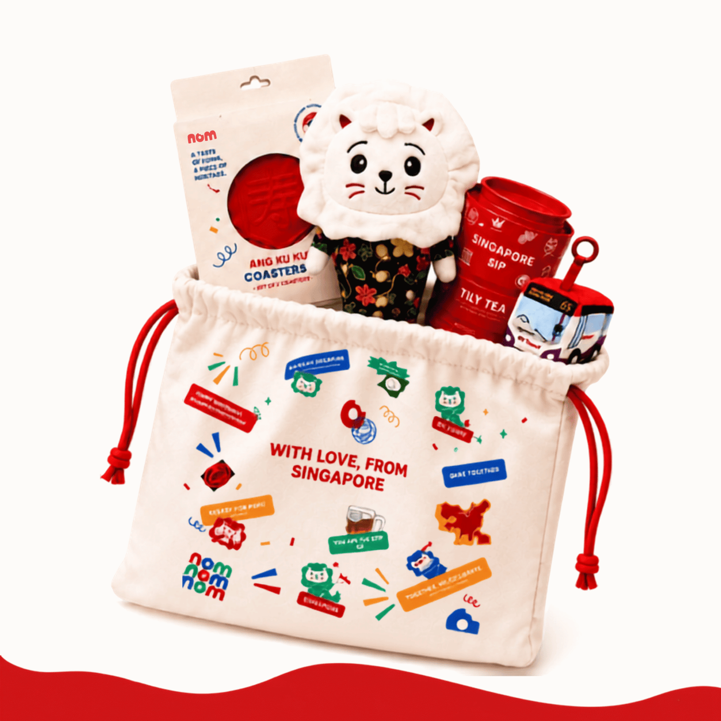 Nom SG61 NDP SG Limited Edition Gift Set - Merlion Plush, Bus Keychain, Ang Ku Kueh Coaster Set, SG Souvenir